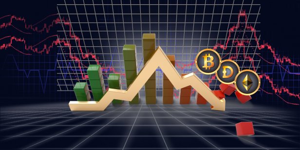 crypto coins and chart going up and down