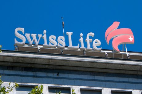 Swiss Life sign on the roof of a Swiss Life building in Zurich, Germany