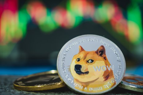 Dogecoin in front of a price chart