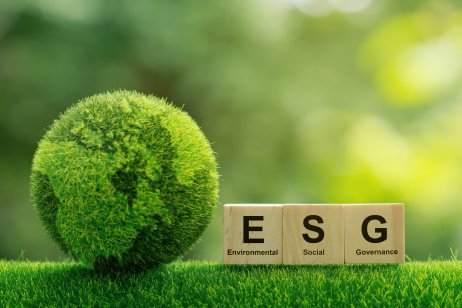A green background with a moss-covered Earth ball next to letters ESG
