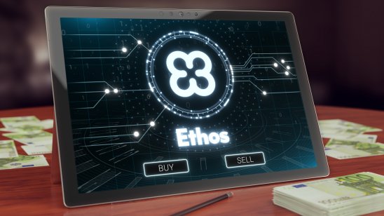 The Ethos logo and name on a tablet