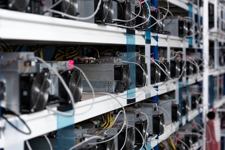 Close-up photo of power-supply units at an ethereum mining farm
