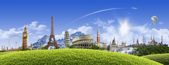 Composite photo showing key landmarks of Europe 