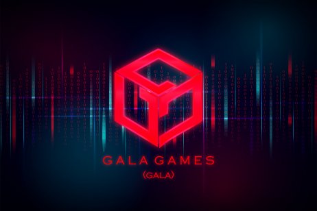 The Gala Games token logo and name appears in red on a background of binary code