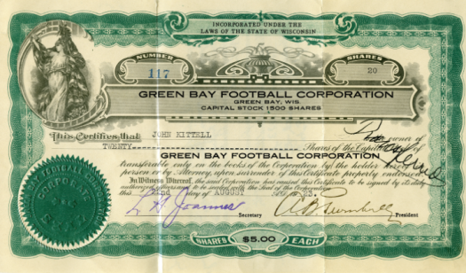 A Green Bay Packers stock certificate from 1923