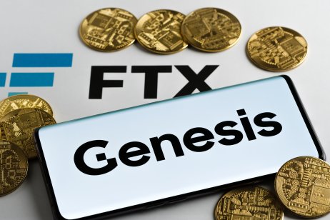 The Genesis and FTX logos surrounded by crypto coins 