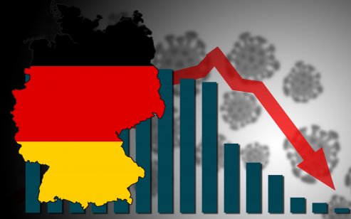 Germany flag on country's map and a chart going down
