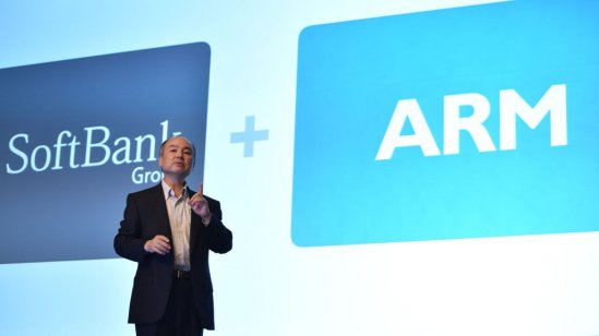 An image of SoftBank Group CEO Masayoshi Son speaking at a press conference 