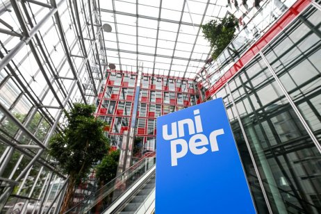 A photo taken on July 22, 2022 shows the logo of energy supplier Uniper in the entrance hall at the company's headquarters in Dusseldorf, western Germany