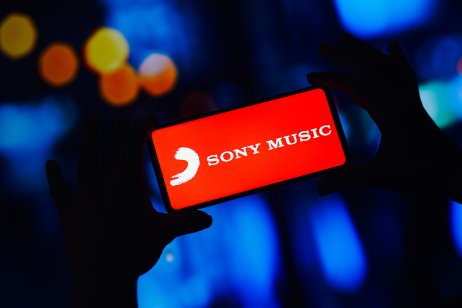 In this photo illustration, the Sony Music Group logo is displayed on a smartphone screen
