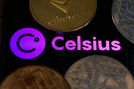 Celsius logo displayed on a phone screen beneath cryptocurrencies