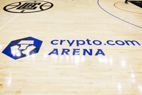  Detail view of crypto.com Arena logo on the court during a NBA game between the Utah Jazz and the Los Angeles Clippers on 6 November, 2022 at Crypto.com Arena in Los Angeles