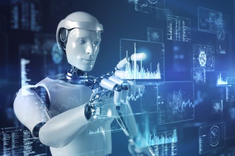 Artificial intelligence robot touching futuristic data screen
