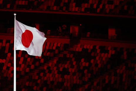 The Japan Flag is raised as the national anthem is sung during the Opening Ceremony of the Tokyo 2020 Olympic Games at Olympic Stadium on 23 July, 2021 in Tokyo, Japan