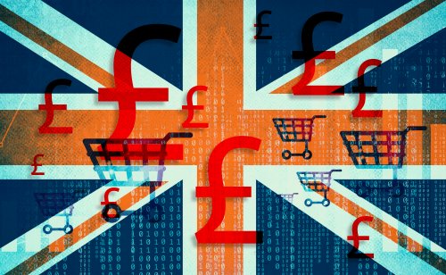 UK flag with shopping carts and financial signage