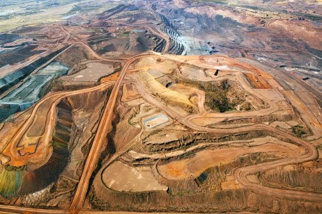 Aerial view of open pit iron ore mine