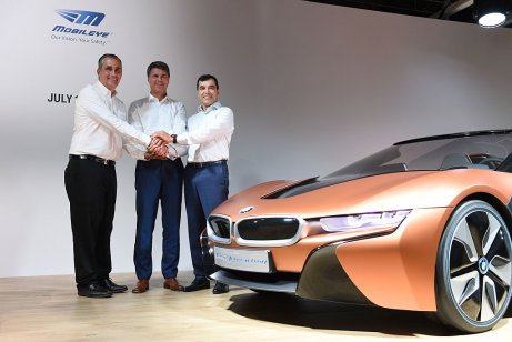 A image of Brian Krzanich, CEO of Intel, Harald Krueger, CEO of German car maker BMW and Amnon Shashua, co-founder, chairman and CTO Mobileye