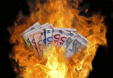 Burnt money, burning Euro banknotes, motage