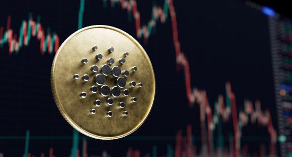 Represenation of a cardano token in front of a candlestick chart