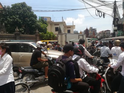 A crowded traffic junction in Phnom Penh,