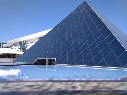 An image of the pyramid building at Infosys’ Bengaluru office campus
