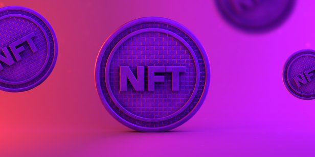 A purple coin with the word NFT
