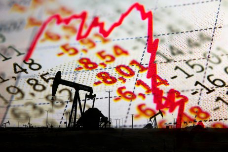 A silhouette of an oil pumpjack is overlaid with prices and a line chart