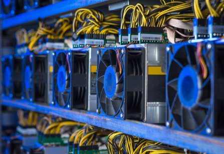 Crypto mining equipment moving along a production line