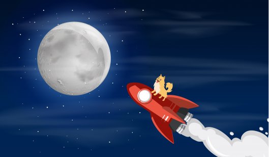A cartoon dog stands on a rocket heading to the moon