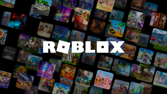 The Roblox logo on a field of in-game screen shots