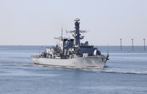 A Royal Navy frigate at Portsmouth A Royal Navy frigate on the ocean