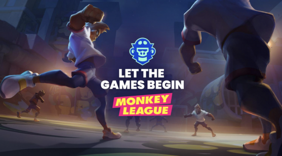 The MonkeyLeague slogan is overlaid on a graphic of monkey avatars playing a game