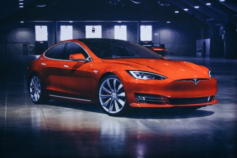 A Tesla electric car in the spotlight