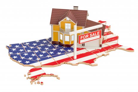 Illustration showing a house and For Sale sign on top of part of the American flag 
