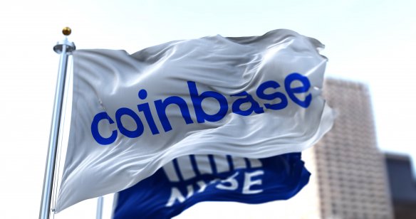 Flags flying in the wind with Coinbase and NYSE logos