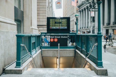 The entrance to the Wall Street station on the New York Subway