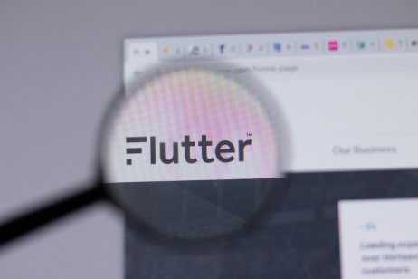 Flutter Entertainment company logo icon on website viewed through magnifying glass
