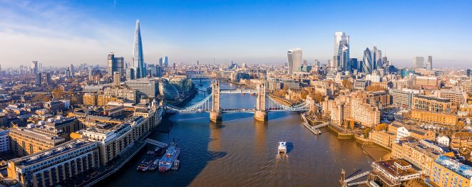 An aerial view of the Tower Bridge in London