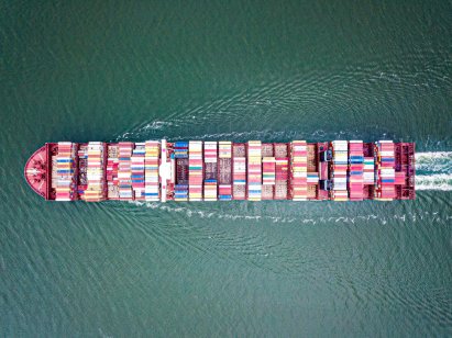 Aerial view of view of the Maersk MC-Kinney Moller container vessel