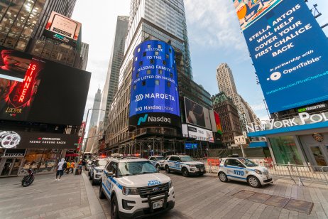 A picture of The Nasdaq stock exchange is decorated for the initial public offering of Marqeta in Times Square in New York