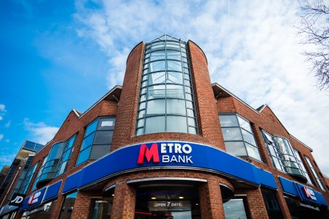 Sign above the entrance to the Metro Bank in Reading, England.