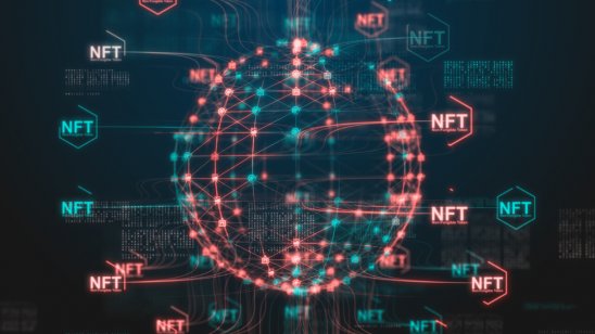 3D illustrated rendering of NFTs in the blockchain