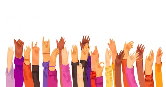Vector flat illustration of raised up human hands, multiracial. Concept of education, business training, volunteers, voting