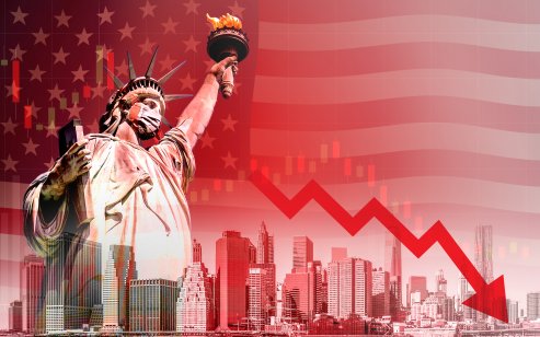 Montage showing New York City on a red danger background with chart arrows falling