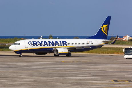 Ryanair Boeing 737-800 aircraft on the runway at Rhodes airport in Greece