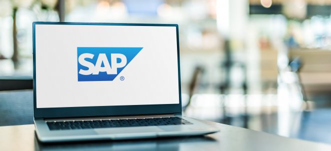 A picture of a laptop computer displaying logo of SAP, a German multinational software corporation. 