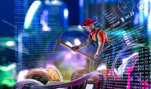 Miner figurines digging ground to uncover big gold bitcoin