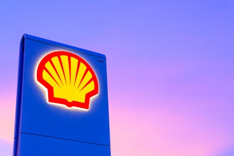 Shell gas station logo at sunset, Chachoengsao, Thailand