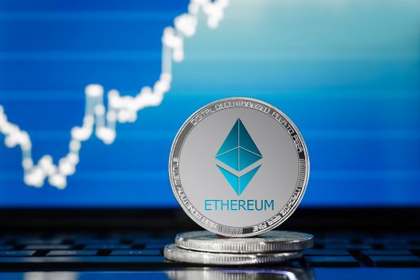Ethereum token in front of an exchange