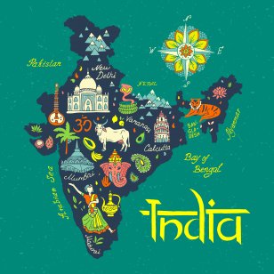 llustrated Map of India. Travel and attractions.
